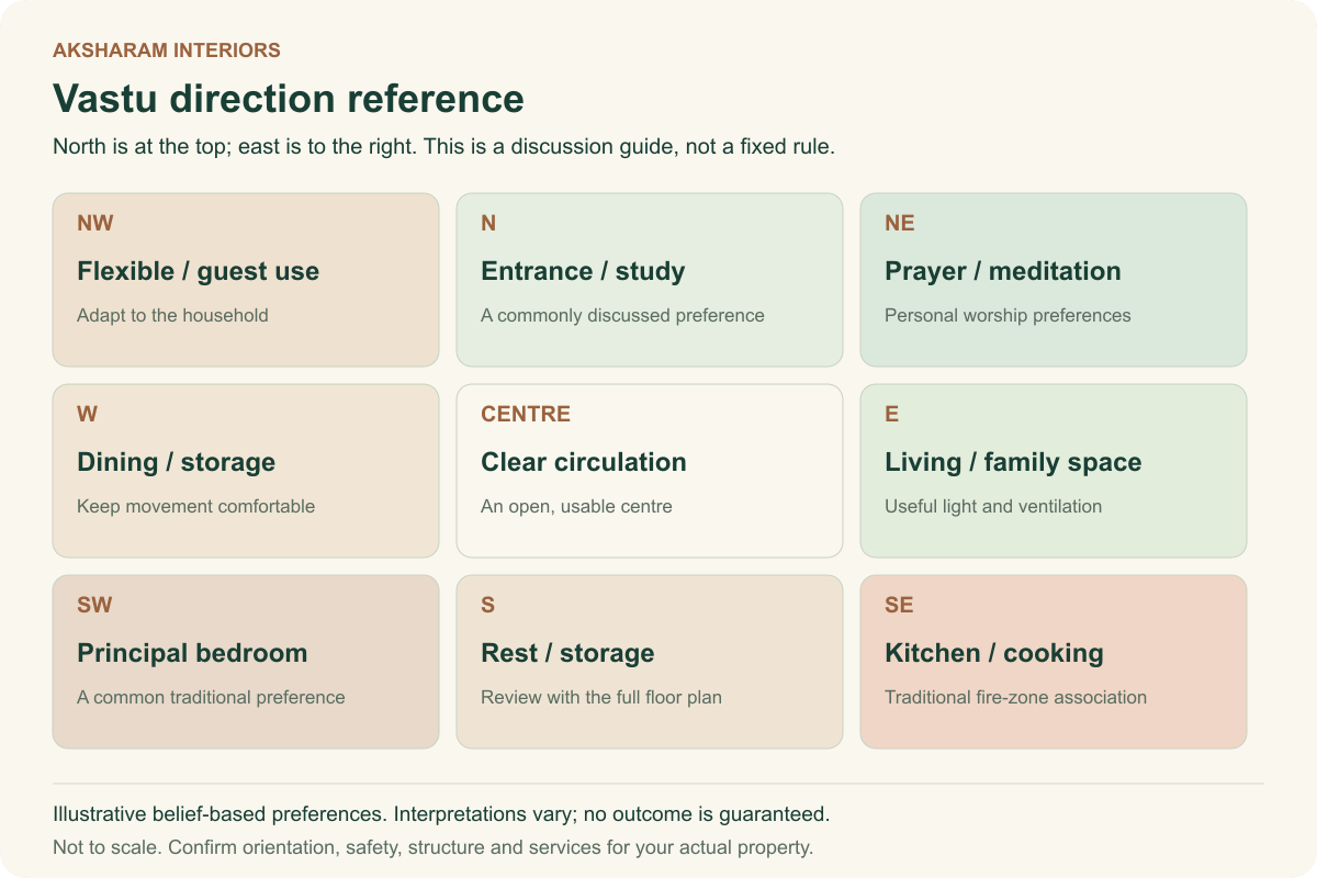 Vastu direction reference: eight directional zones and a central circulation area. Illustrative traditional preferences; interpretations vary.
