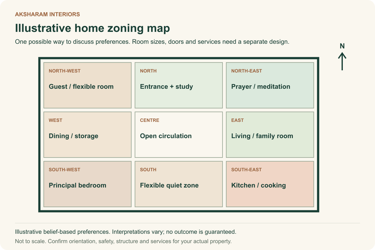 Illustrative Vastu home zoning map showing prayer, living, kitchen, bedroom and circulation areas. Not to scale or a construction plan.